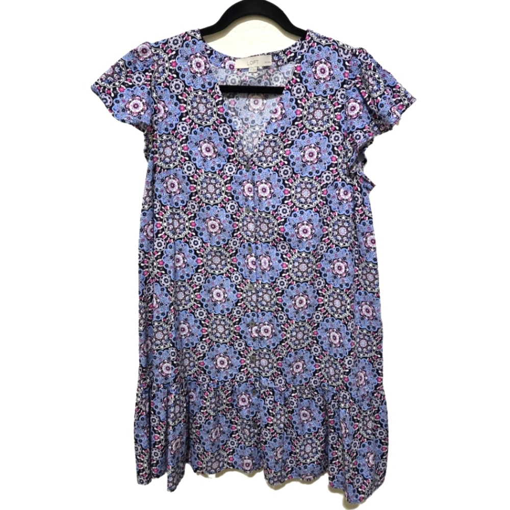 LOFT Paisley Floral Print Dress Blue Pink White Size Medium Petite
